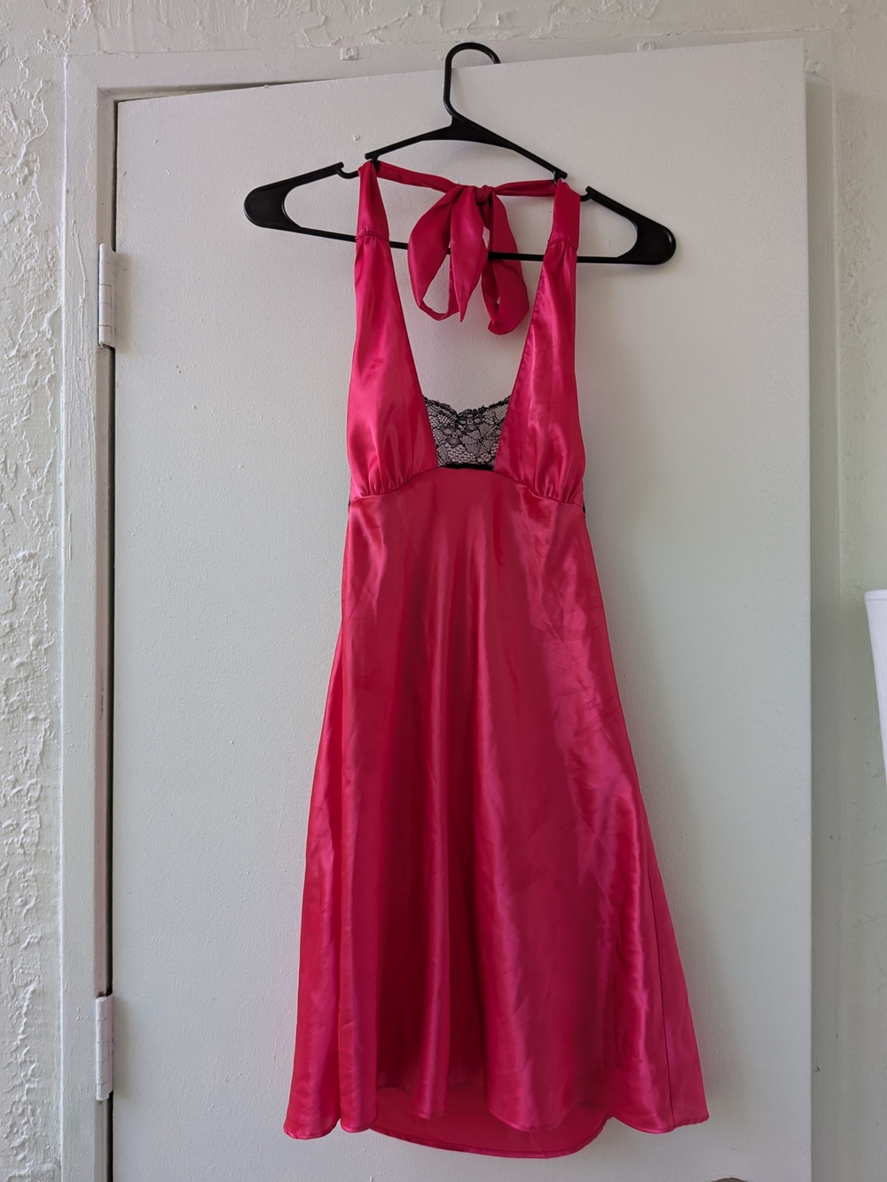 Vintage Frederick's of Hollywood Hot Pink Satin Halter Chemise with Black Lace